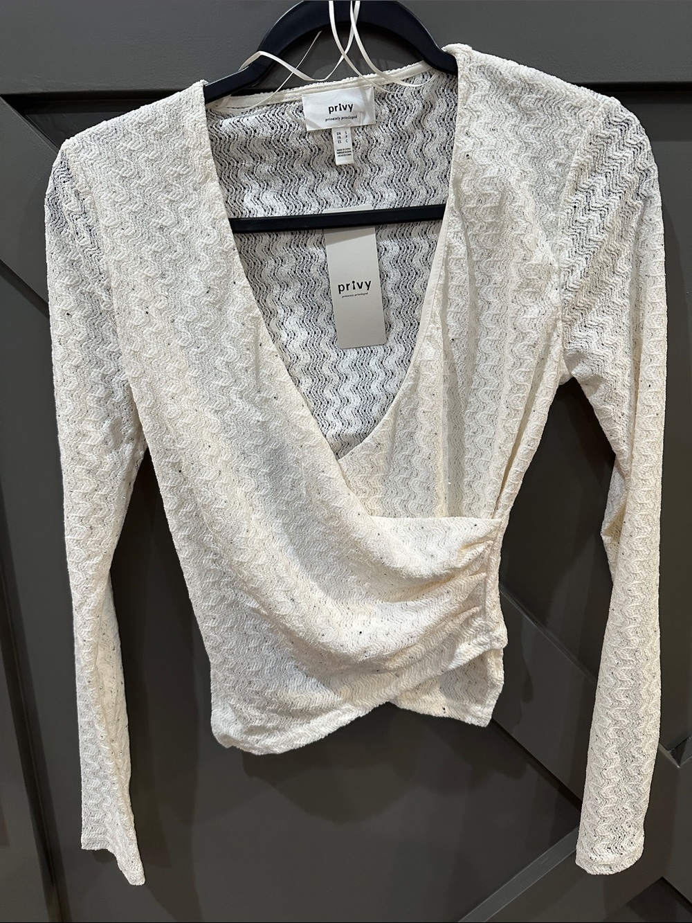 NanaMacs Cream Knit Wrap-Front Long Sleeve Rhinestone Top